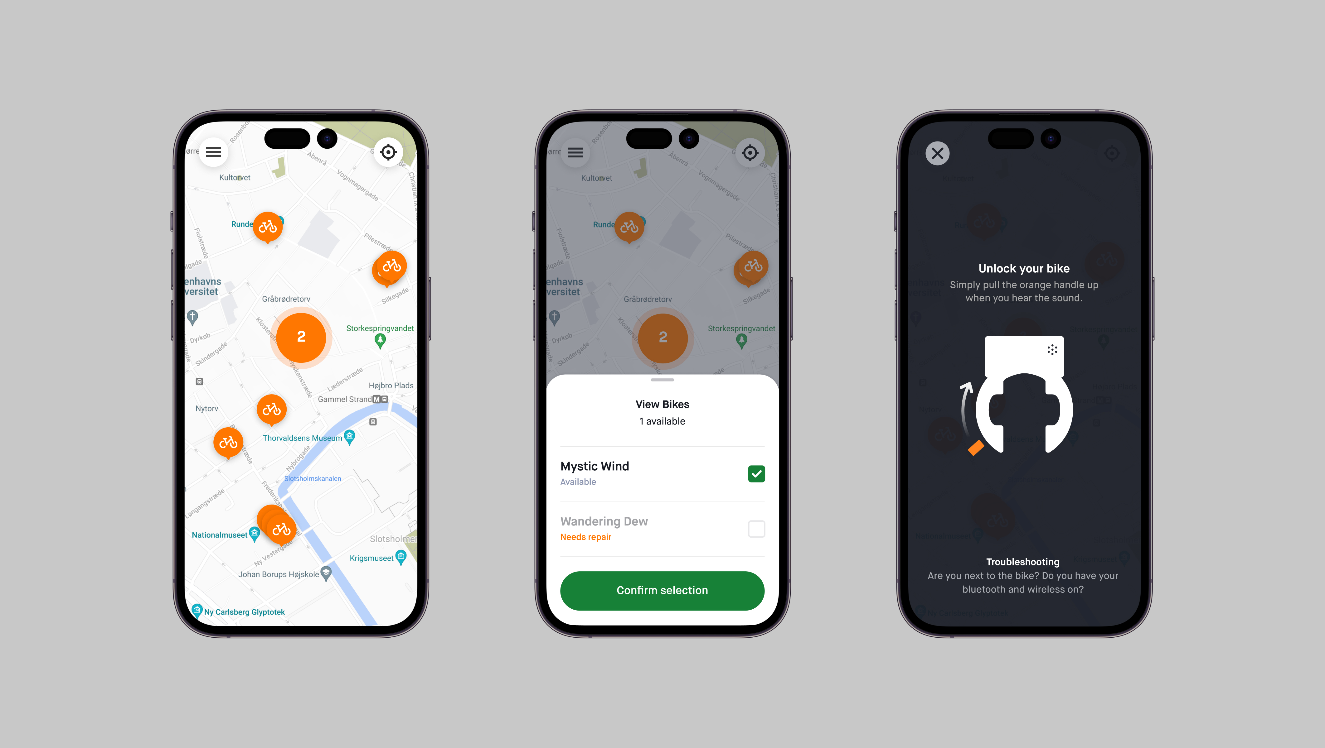 Finding, Reserving and Unlocking. See nearby bikes on a map (left), select and confirm your reservation (center) and unlock (right).